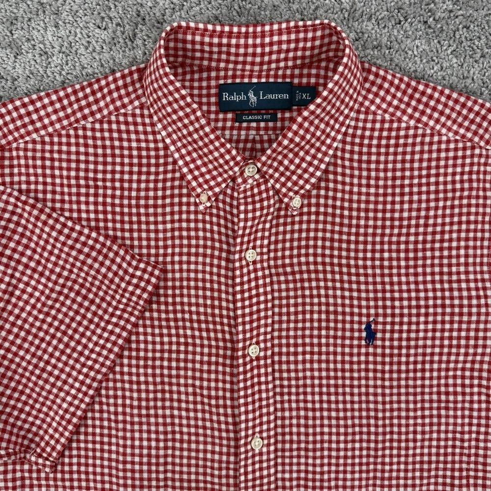 VTG Ralph Lauren 100% Linen Shirt Men's XL Red/White Gingham Check Short Sleeve